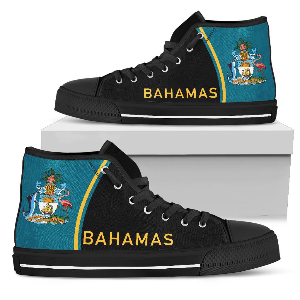 Bahamas High-Top Canvas Shoe, black upper with turquoise side panel and yellow "BAHAMAS"