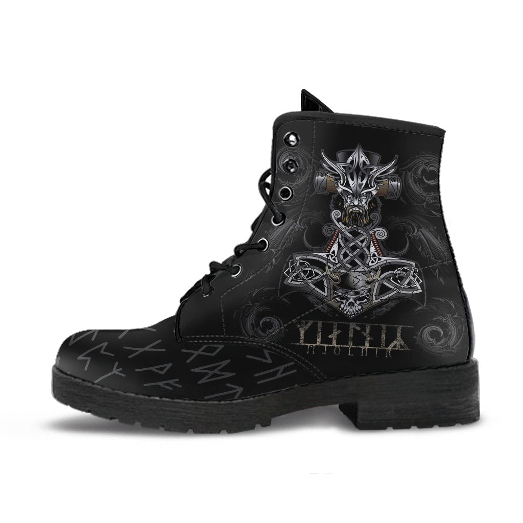 Black Viking-style leather boots with lace-up front and metal eyelets, side graphic