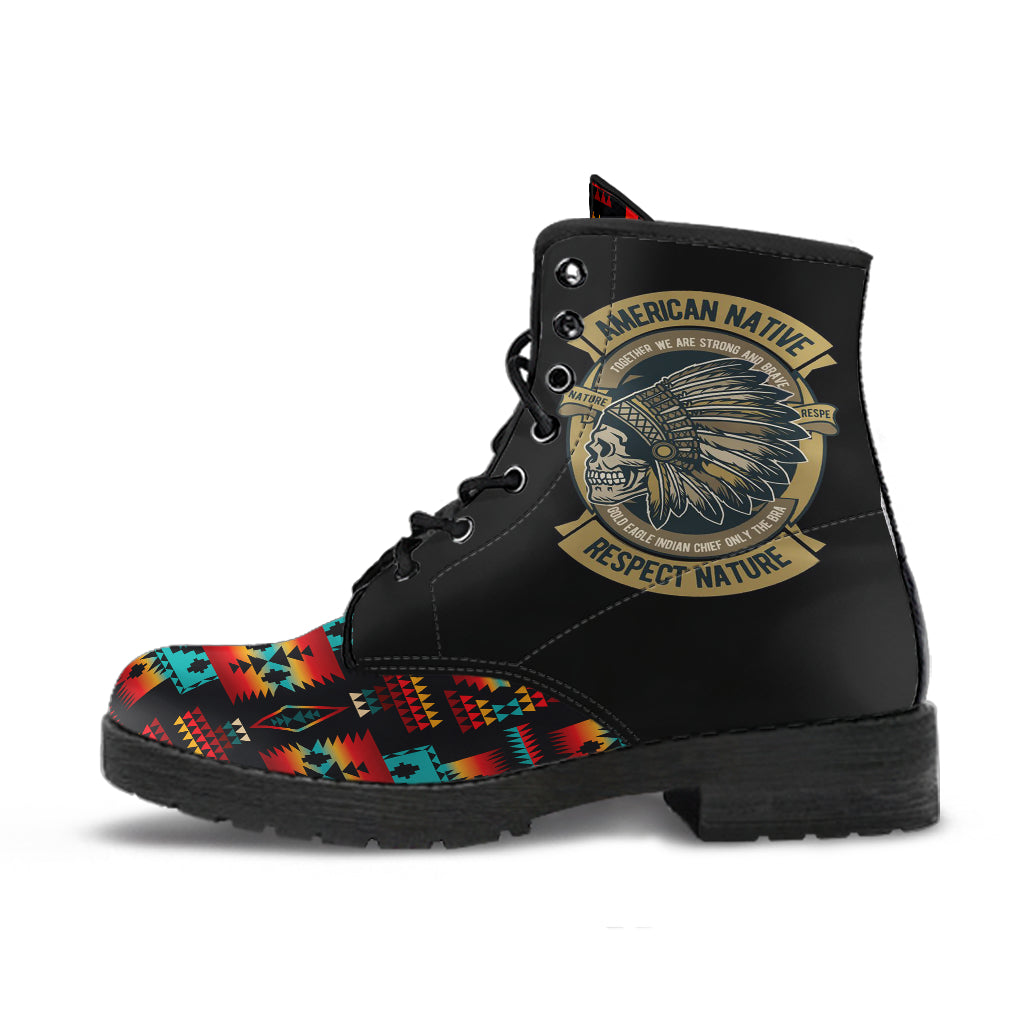 Black lace-up leather boots with colorful Native-inspired trim and Indian chief badge
