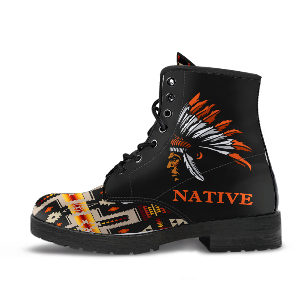 Black leather boots with Native eagle graphic, multicolor side panel, lace-up