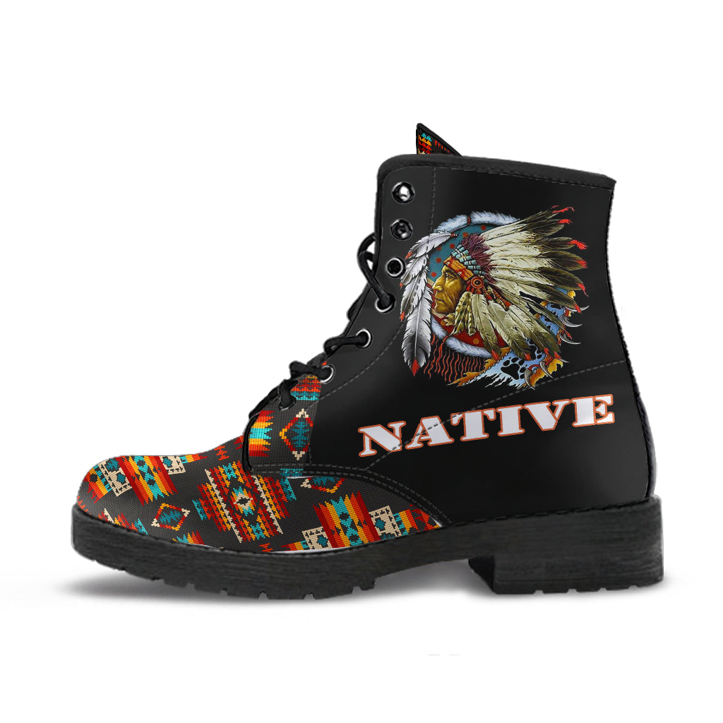 Black lace-up ankle boots with Native feather graphic and multicolor woven side panel