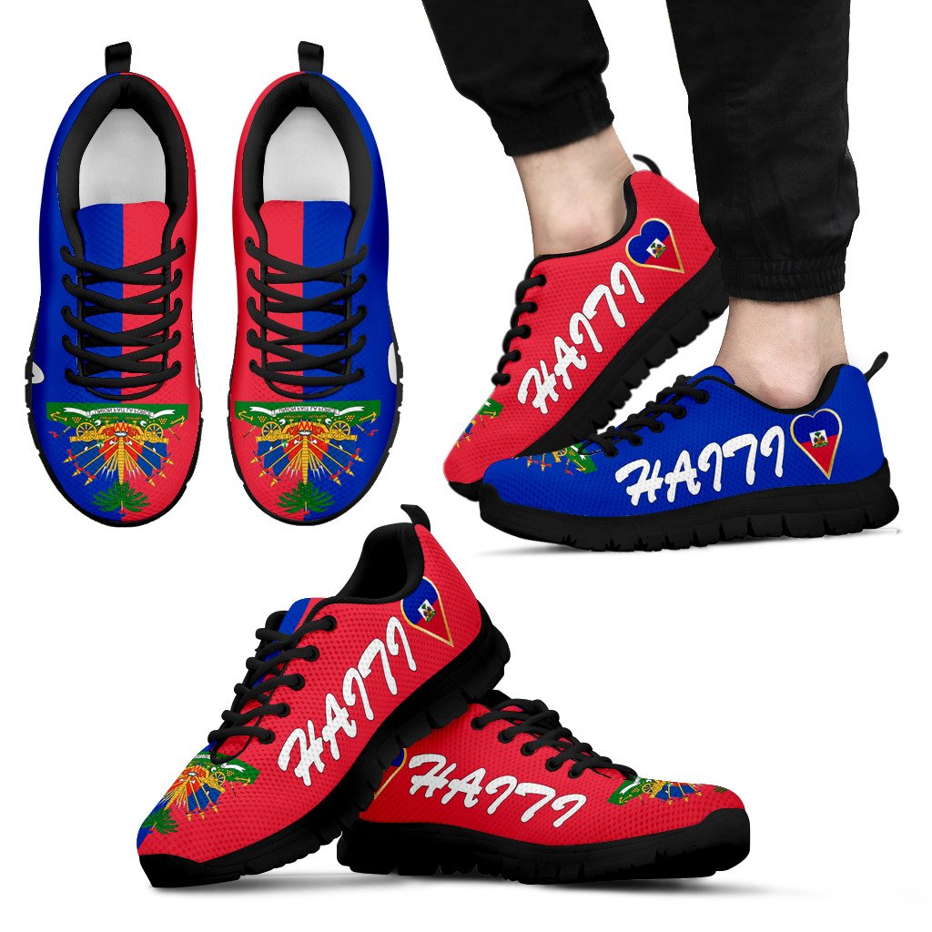 Haiti flag print sneakers, red and blue uppers with laced detail and black rubber sole