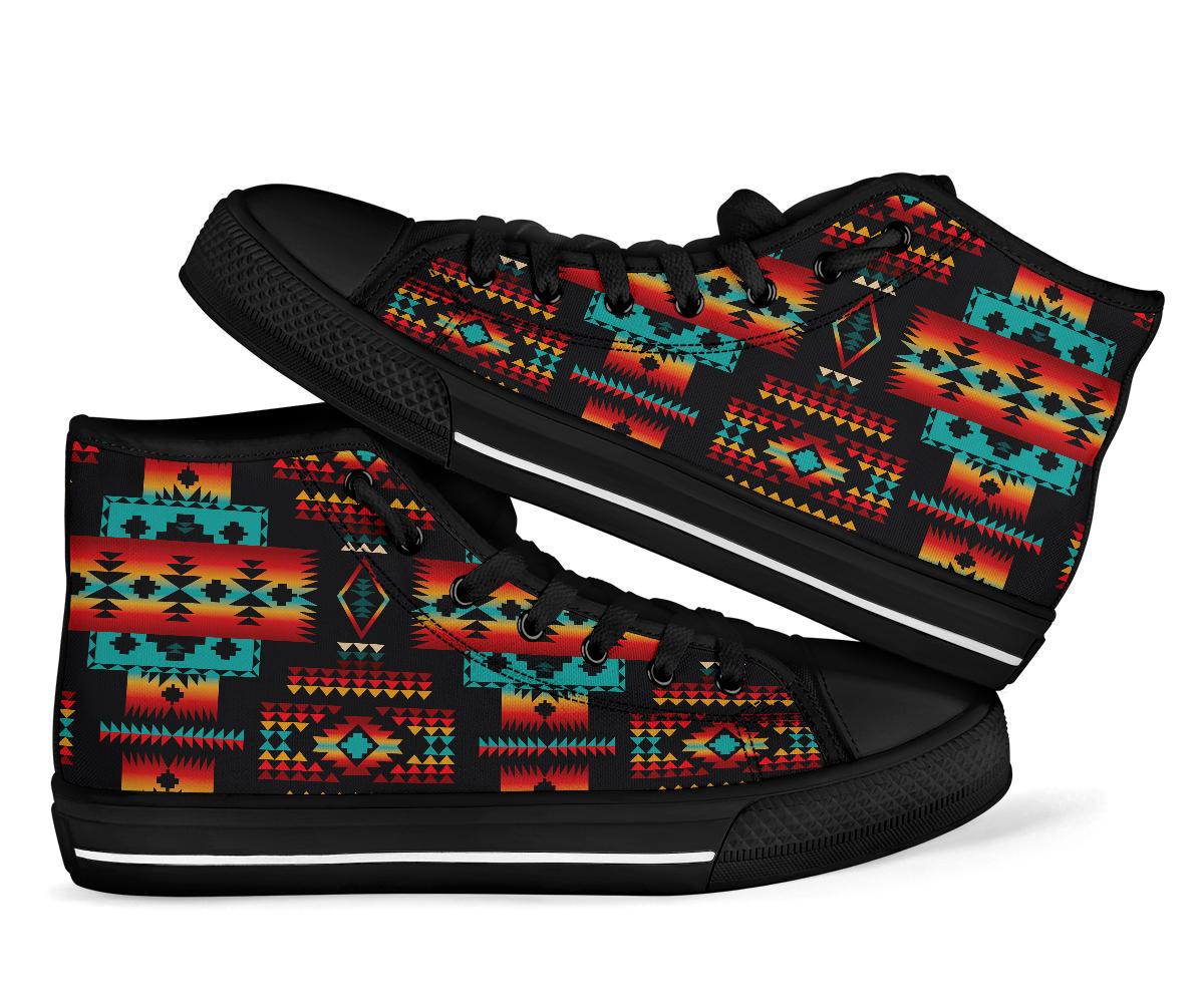 Black high-top sneakers with multicolor tribal geometric pattern and black laces