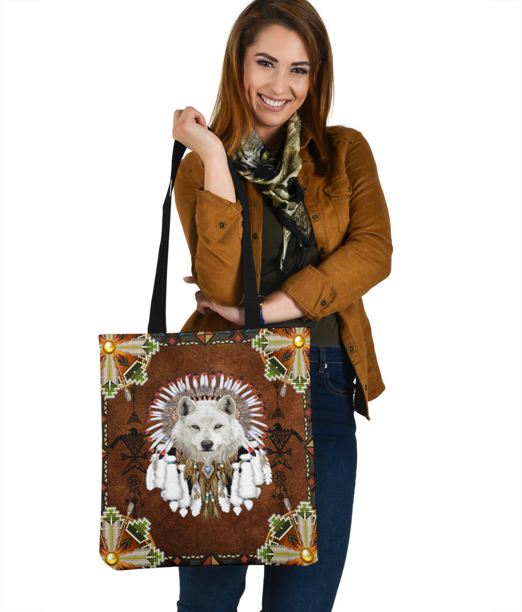 native-american-white-wolf-with-headress-feathers-tote-bag