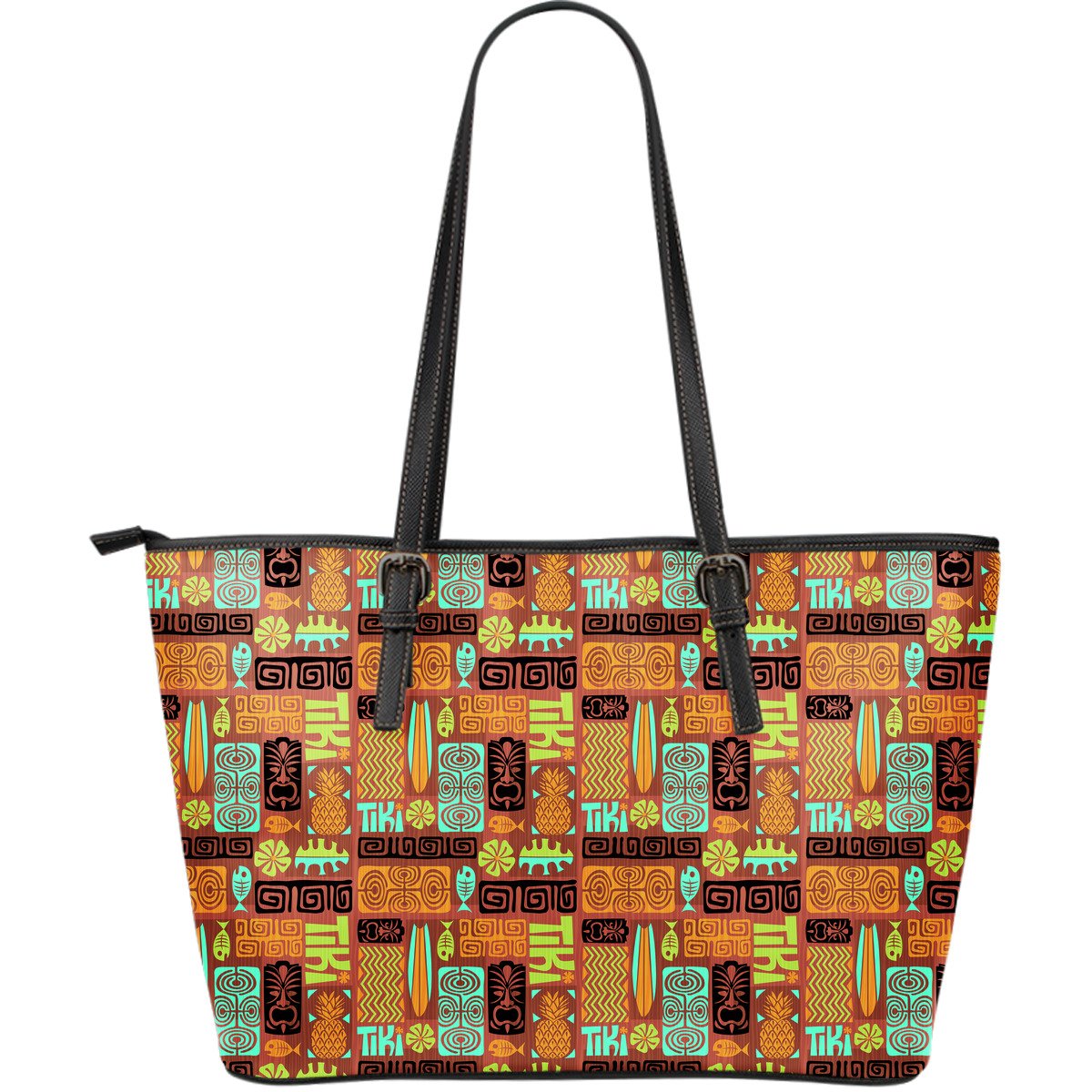 Black leather tote with colorful Hawaiian tiki pattern and long top handles
