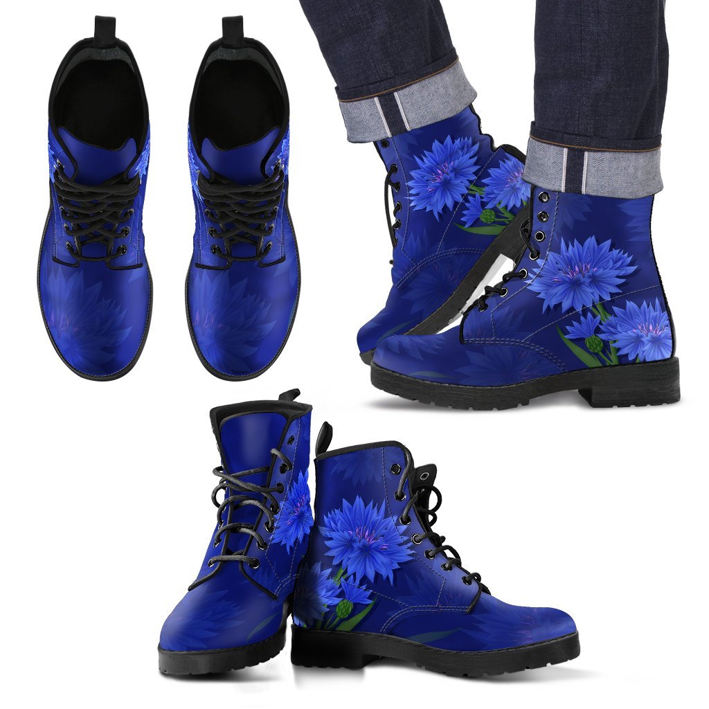 Blue floral-print lace-up boots, black outsole, pull tab