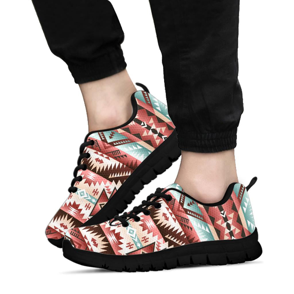 Multicolor Native-inspired pattern sneakers with black laces and thick black sole