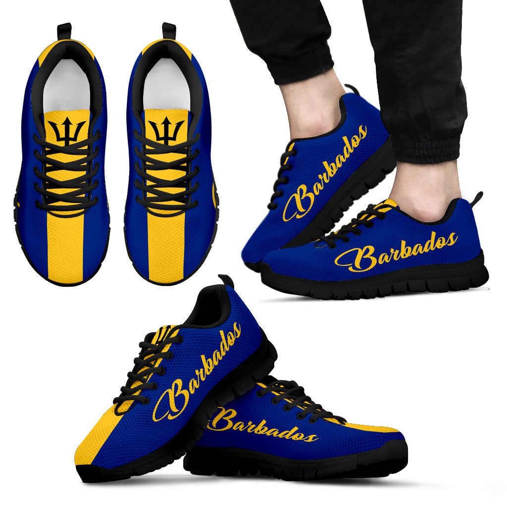 Barbados flag sneakers, blue upper with yellow panels, black laces and black sole