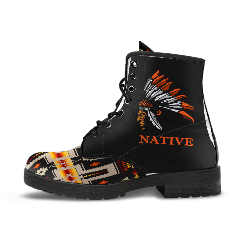 Black lace-up leather boots with multicolor Native graphic and 'NATIVE' lettering