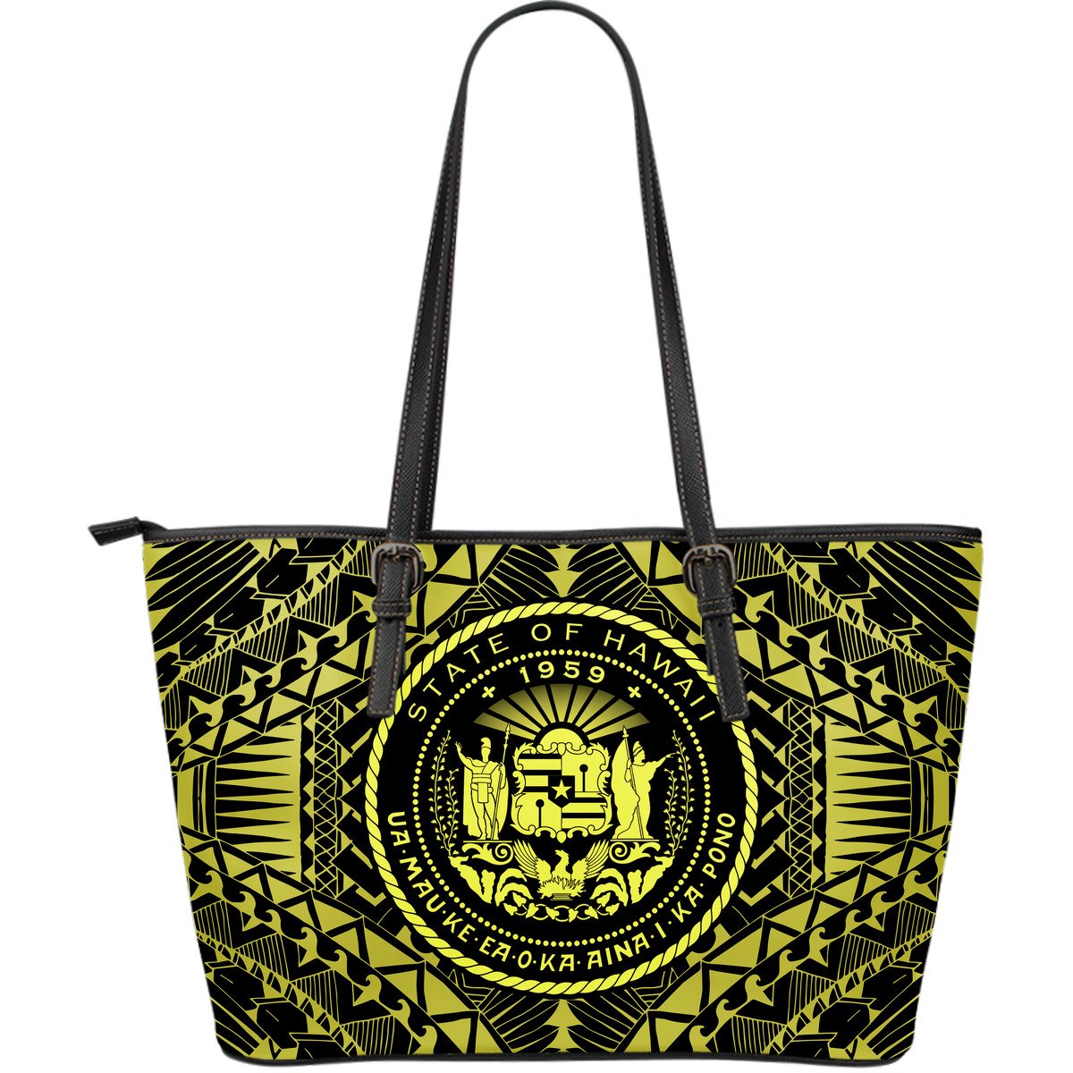 Gold Hawaii seal leather tote bag with black handles and front graphic