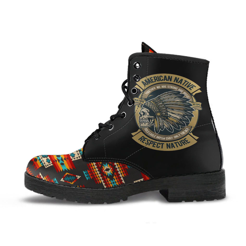 Native American-style leather boots, black with colorful tribal print side panel