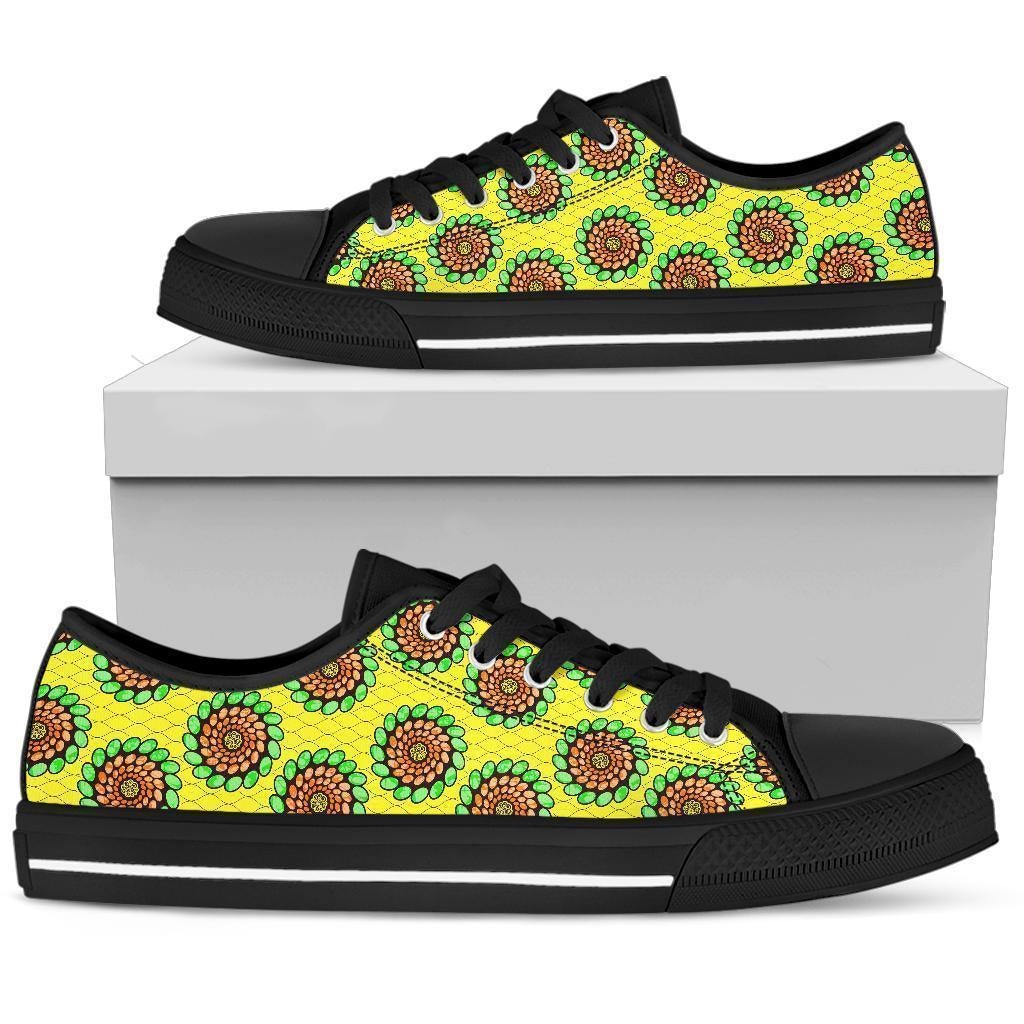 Ankara Green Spirals low-top sneakers, black sole, patterned green/yellow upper
