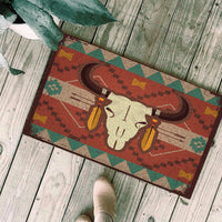 Bison skull graphic doormat with red background and green geometric borders