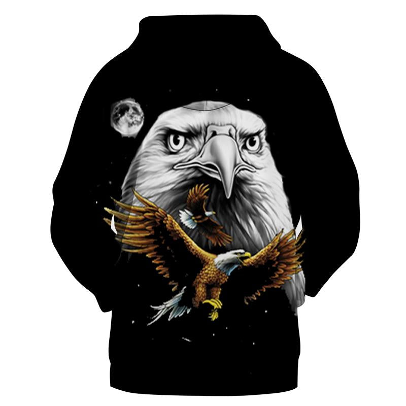 Black pullover hoodie with eagle face graphic centered on back
