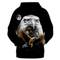 Black pullover hoodie with eagle face graphic centered on back