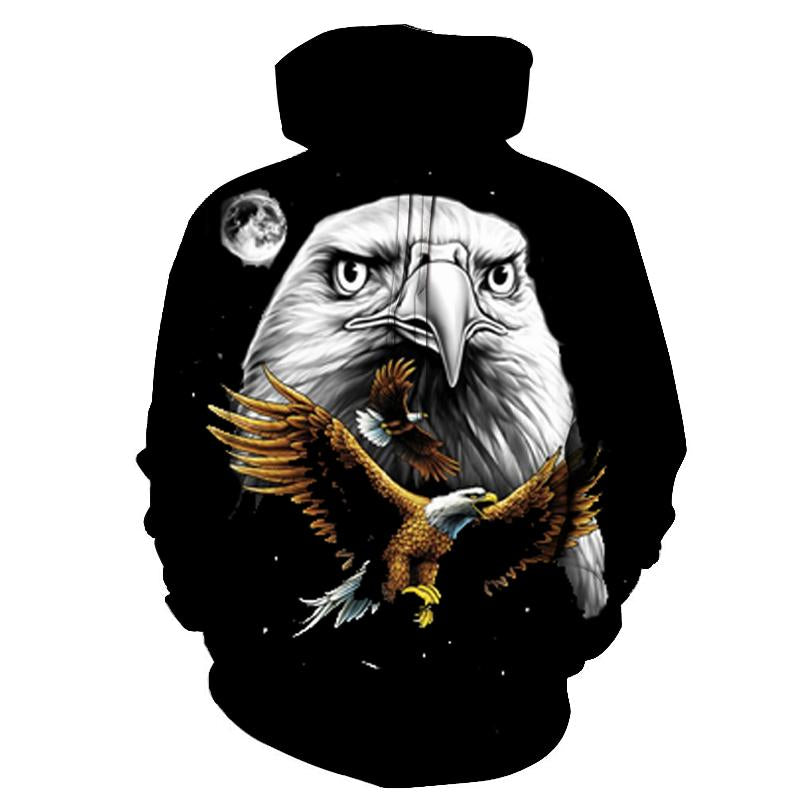 Black pullover hoodie with large eagle graphic on front and sleeves