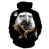 Black pullover hoodie with large eagle graphic on front and sleeves