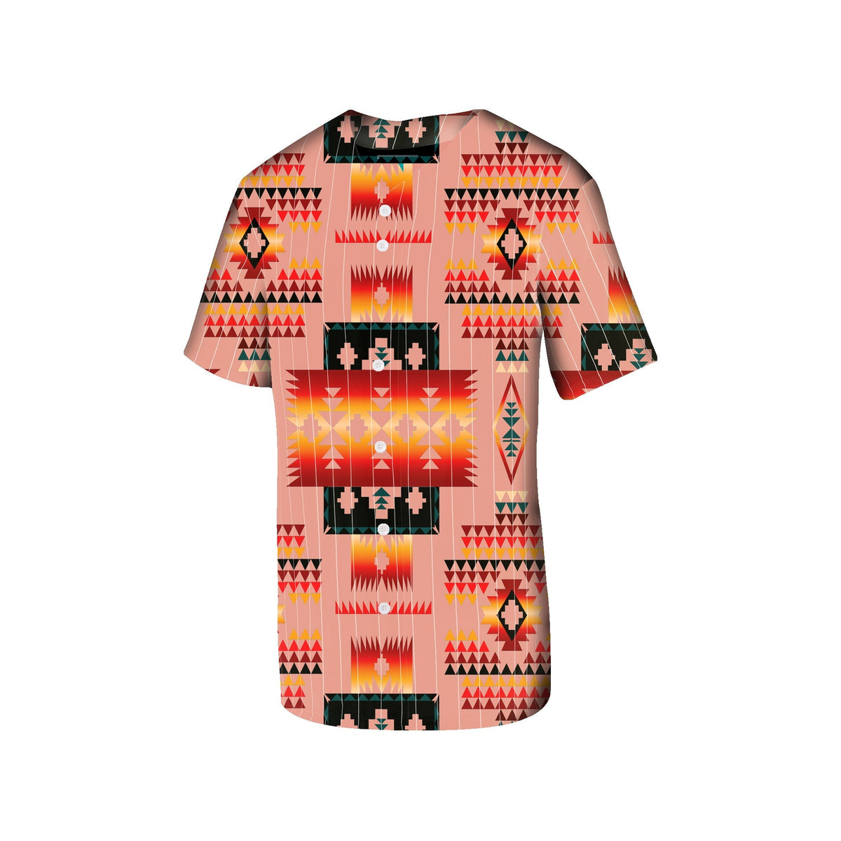 Pink baseball jersey with multicolor Native geometric print, button front and dark trim