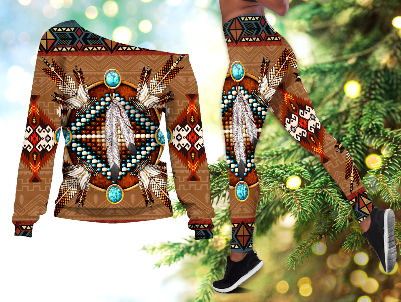 pattern-brown-mandala-native-american-off-shoulder-sweater-leggings-set