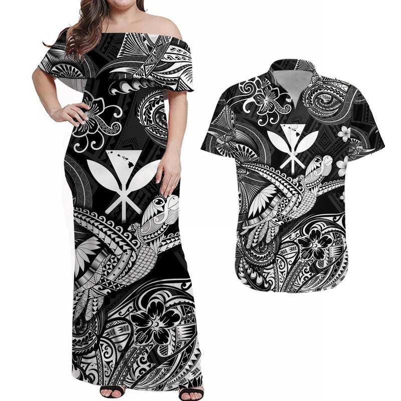 Black off-shoulder maxi dress with turtle & map Polynesian pattern, short ruffle sleeves