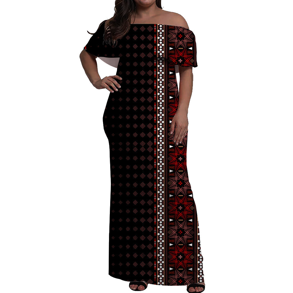 Women’s off-shoulder long dress, black with red geometric print and vertical trim stripe