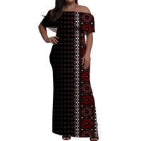 Women’s off-shoulder long dress, black with red geometric print and vertical trim stripe