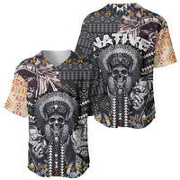 Baseball jersey with gray graphic print, native headdress skull and geometric patterns