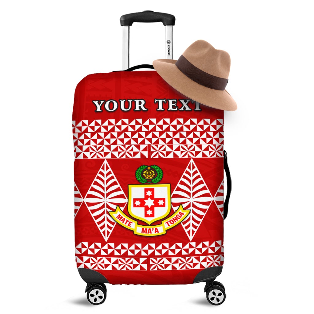 Red Tonga luggage cover with crest and 'YOUR TEXT' panel for LT13.