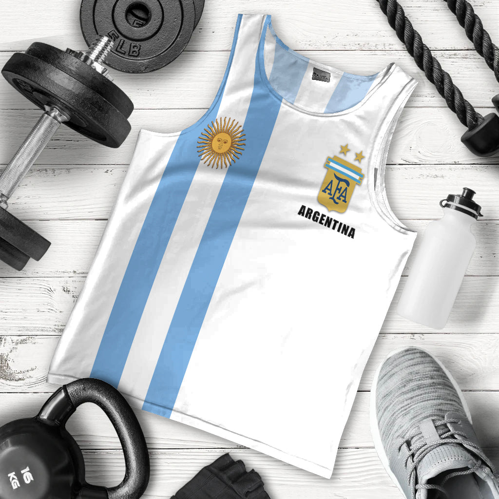 White sleeveless tank top flat lay with light-blue stripes and Argentina emblem print.