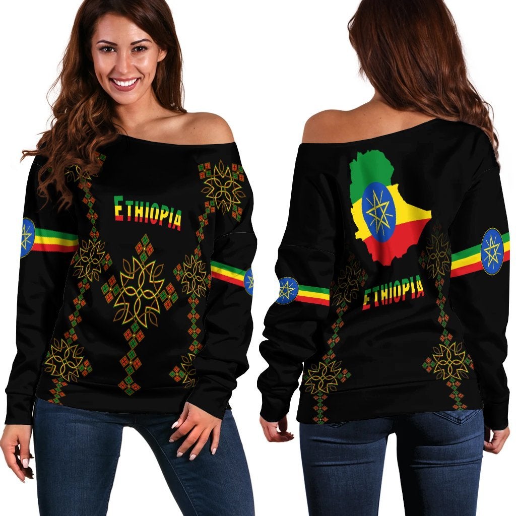 Off-shoulder sweater showing front and back prints of Ethiopia map and text