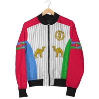 Eritrea bomber jacket on hanger: striped front with zip, red/blue/green sleeves, camel emblems