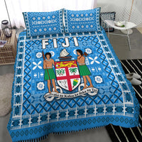 Blue Fiji tapa pattern bedding set with bold geometric shapes and two pillowcases