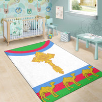 White area rug with Eritrea cross flag graphic and gold symbol over camel silhouettes