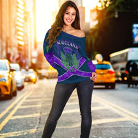 Off-shoulder sweater for women, navy with purple plaid panel and central thistle graphic