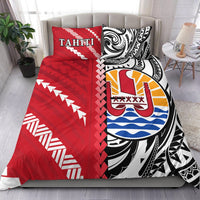 Tahiti bedding set with red Polynesian pattern, includes two matching pillowcases