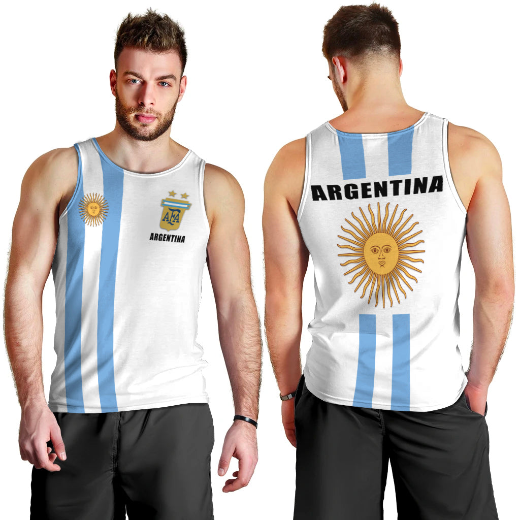 Men’s white tank top with light-blue vertical stripes and Argentina front print.