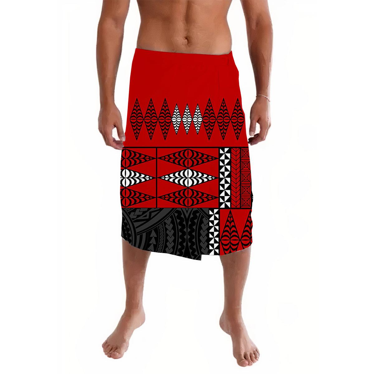 Red and black patterned lavalava wrap skirt with geometric motifs, knee length