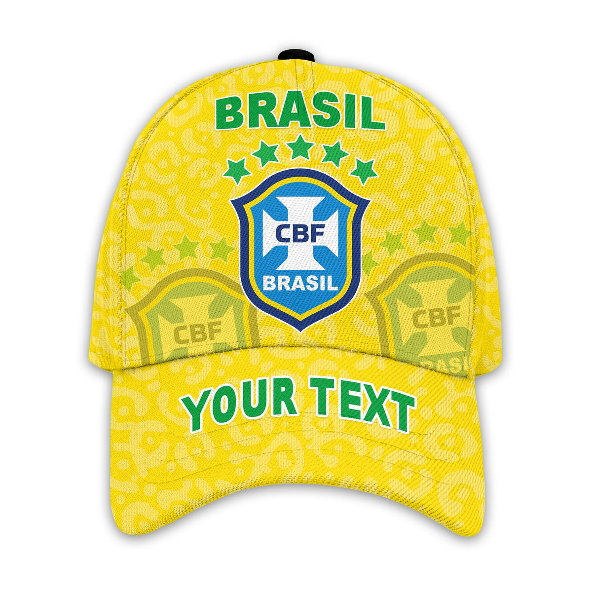 Yellow Brazil baseball cap with CBF crest, stars, and 'YOUR TEXT' front