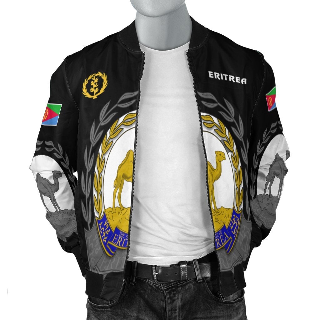 Eritrea bomber jacket, black with 'ERITREA' text and large crest on front