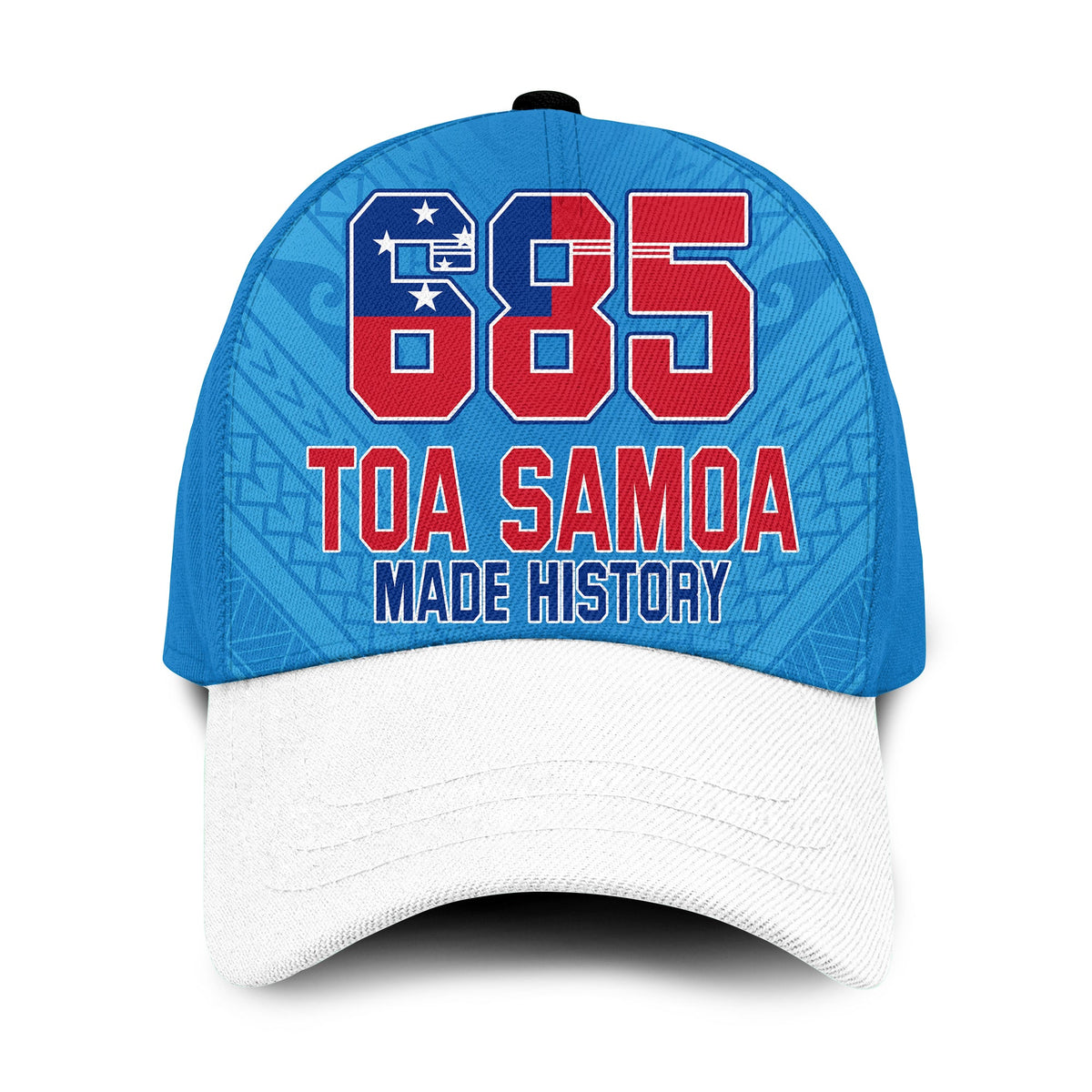 Blue rugby cap with embroidered "695 TOA SAMOA MADE HISTORY" front text