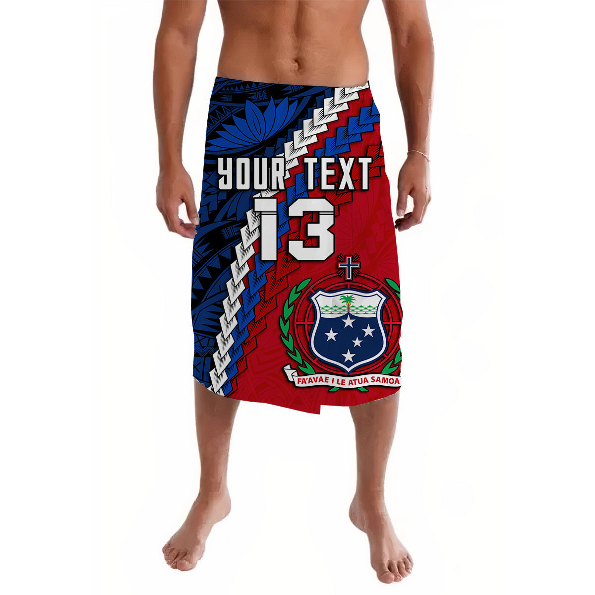 Polynesian lavalava wrap in red and blue with bold text and number print