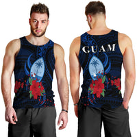 Men's tank top back view: large GUAM text with blue leaf and red floral print