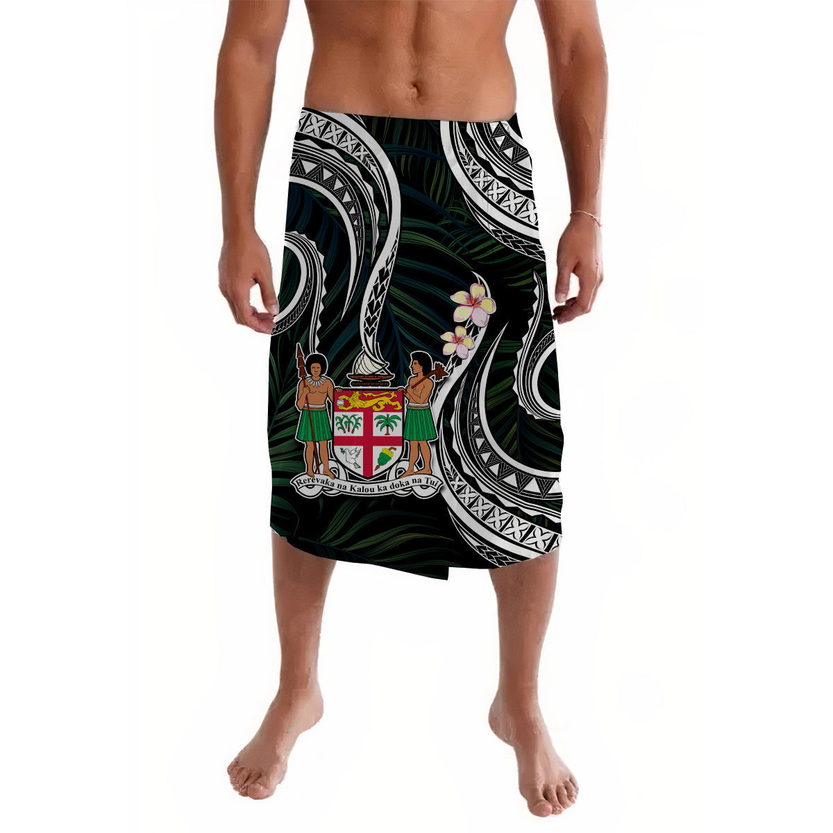 Men's black Polynesian lavalava skirt with crest and floral print