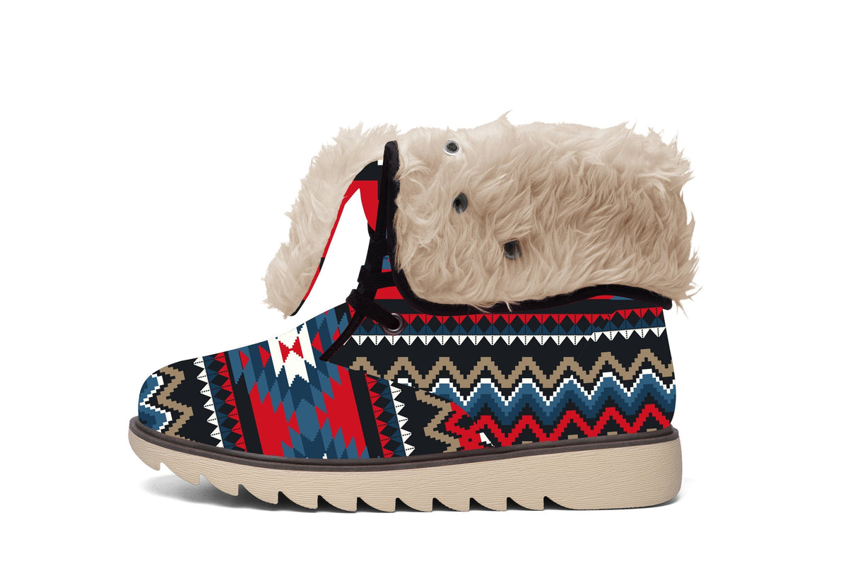 Native faux fur boots with multicolor geometric print and beige furry collar