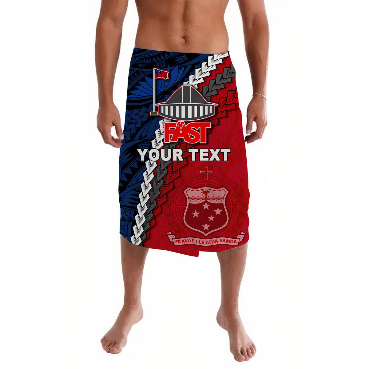 Lavalava wrap skirt in red and navy with Polynesian graphic and FAST lettering