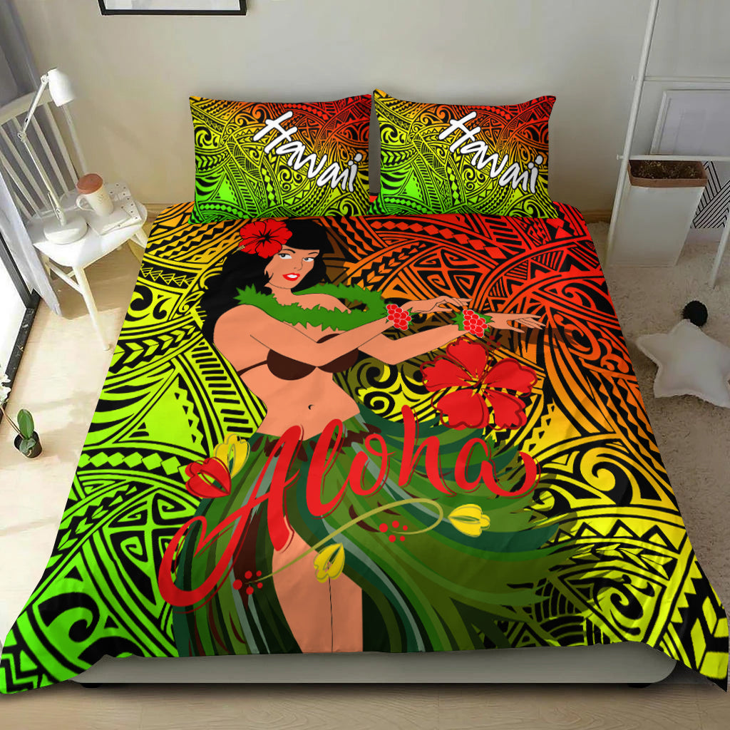 Hula girl bedding set: duvet with Aloha logo and two pillowcases in green, red, yellow