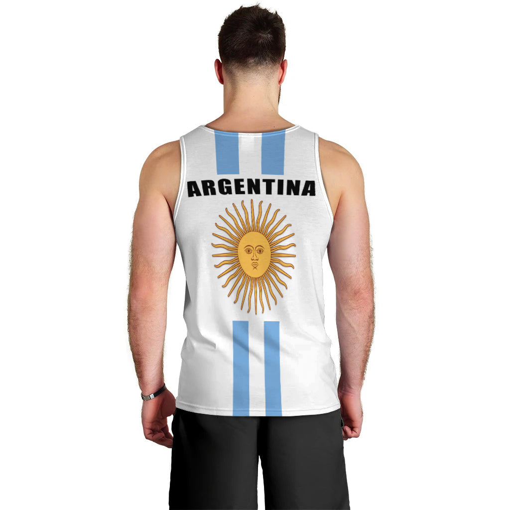 Back of white tank top with Argentina text, sun face graphic, and light-blue stripes.