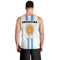 Back of white tank top with Argentina text, sun face graphic, and light-blue stripes.