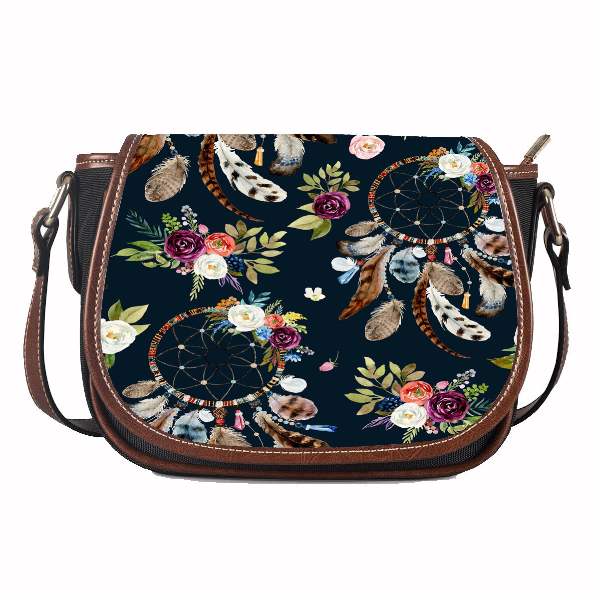 Multicolor dreamcatcher and floral print leather saddle bag with side straps