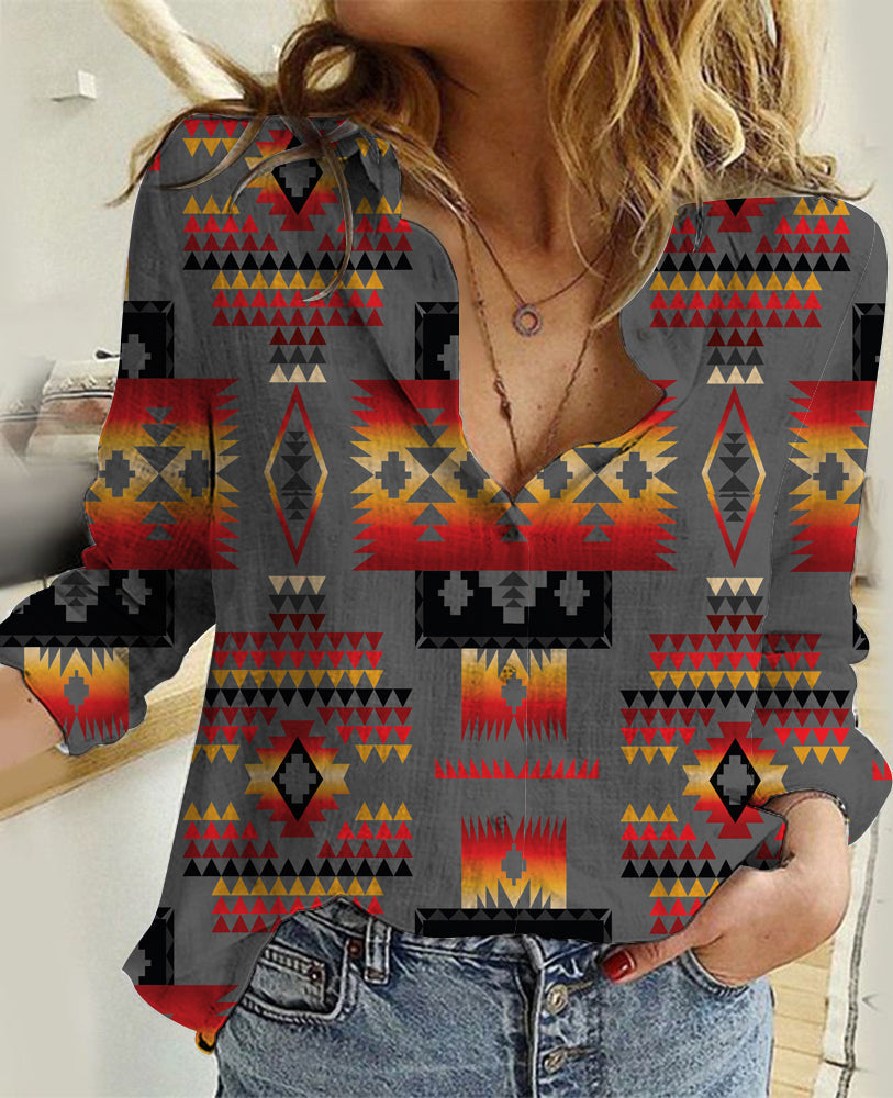 Women's gray multicolor native pattern linen shirt, long sleeves, button front.